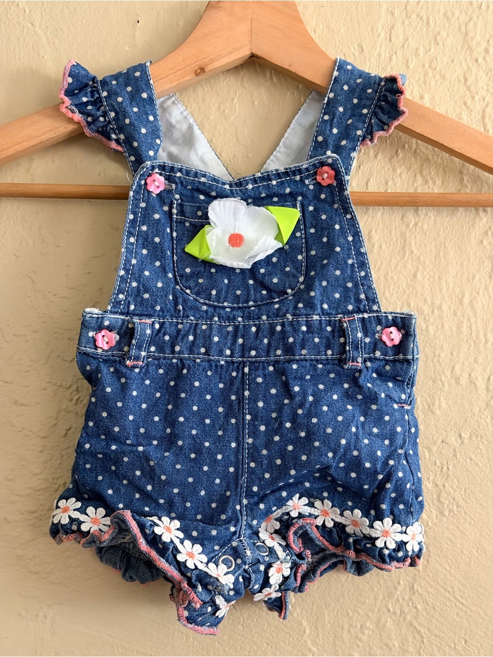 Toddler Blue Polka Dot Denim Overalls with Floral Trim